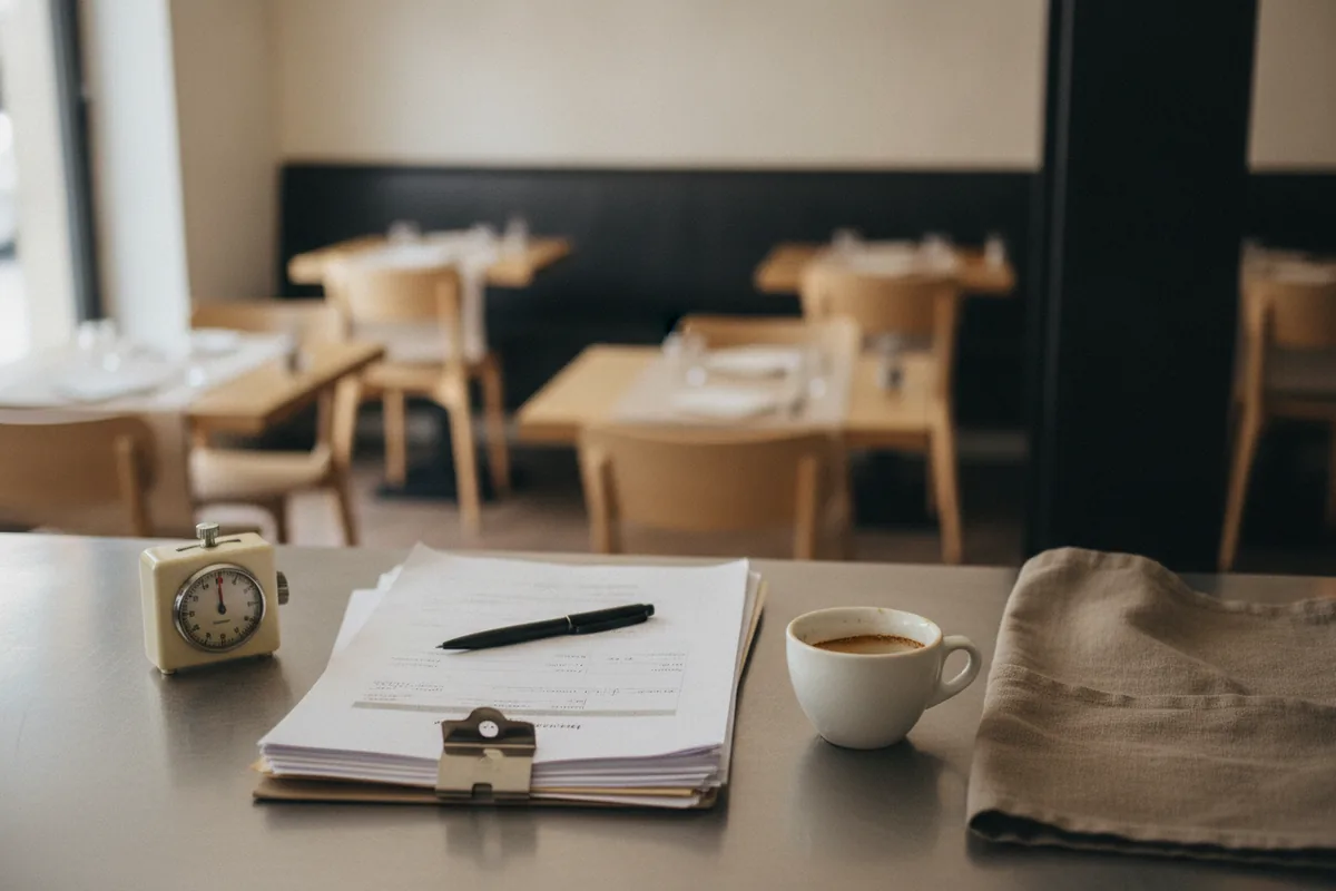 Un minuteur de cuisine, une pile de bons de livraison et un café sur un plan de travail en inox, après le service