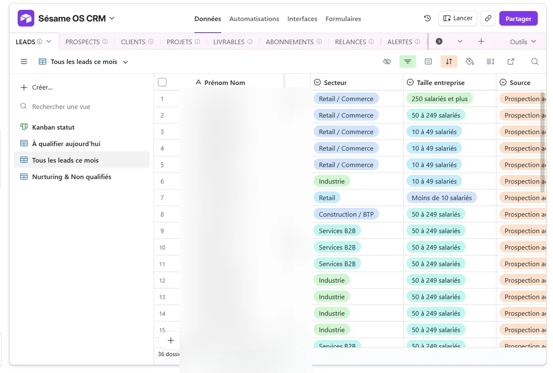 CRM Sésame OS sur Airtable (données personnelles masquées)