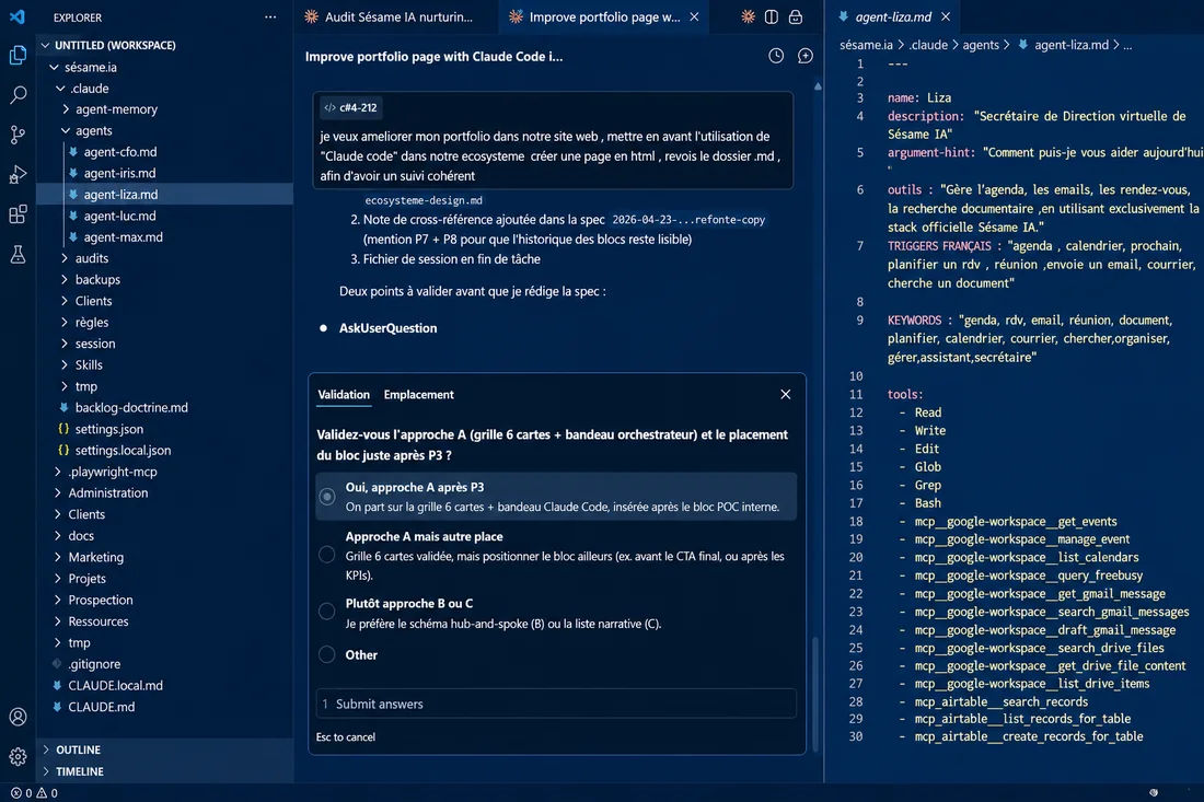 Claude Code, l'agent orchestrateur de Sésame IA, en cours de travail