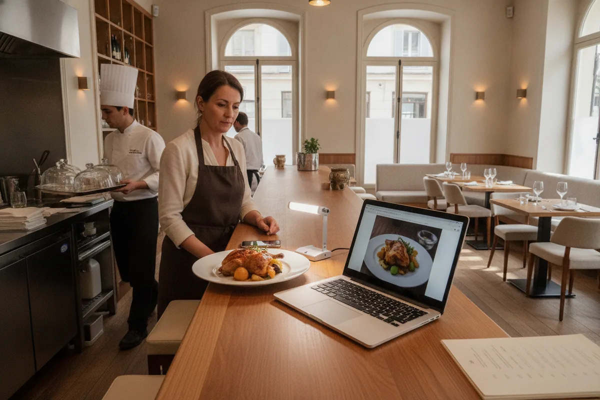 Une restauratrice met son propre plat en ligne sur le site de son établissement, le chef passe derrière elle