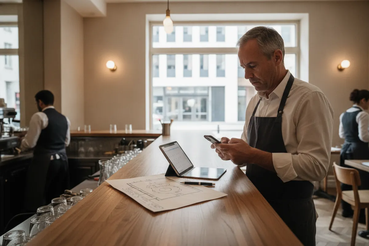 Un restaurateur lit une demande de privatisation sur son téléphone, un plan de table à la main