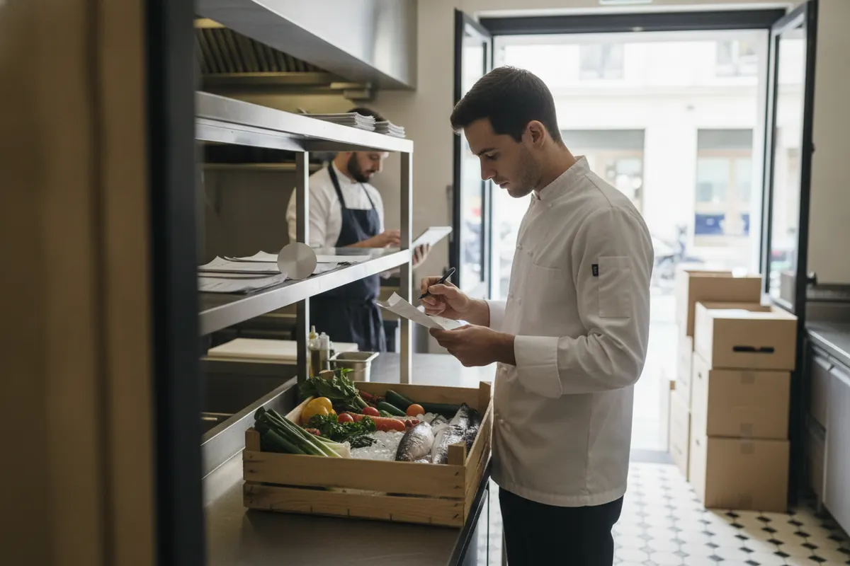 Un cuisinier contrôle une livraison de produits frais contre un bon de livraison